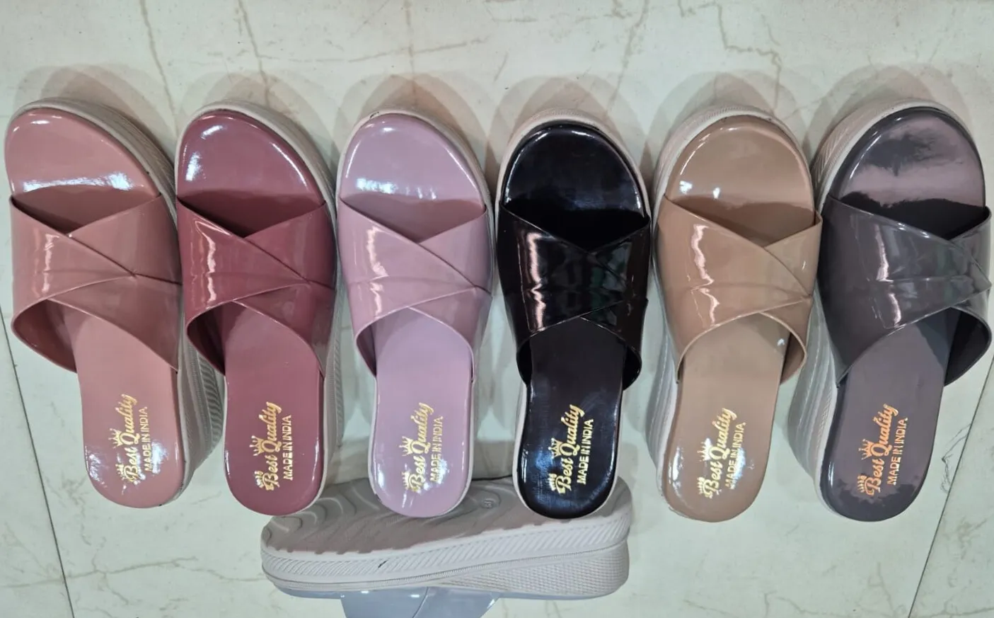 DATA-A-30 Women’s Glossy Cross-Strap Wedge Slippers