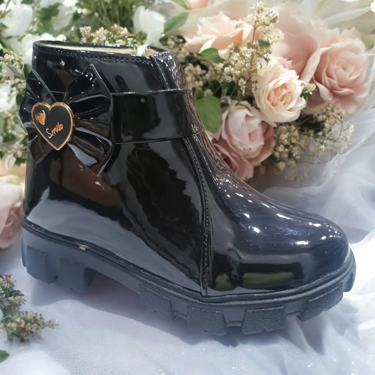 FINOBEL-15 Girls Stylish Black Patent Leather Ankle Boots with Bow & Heart Charm
