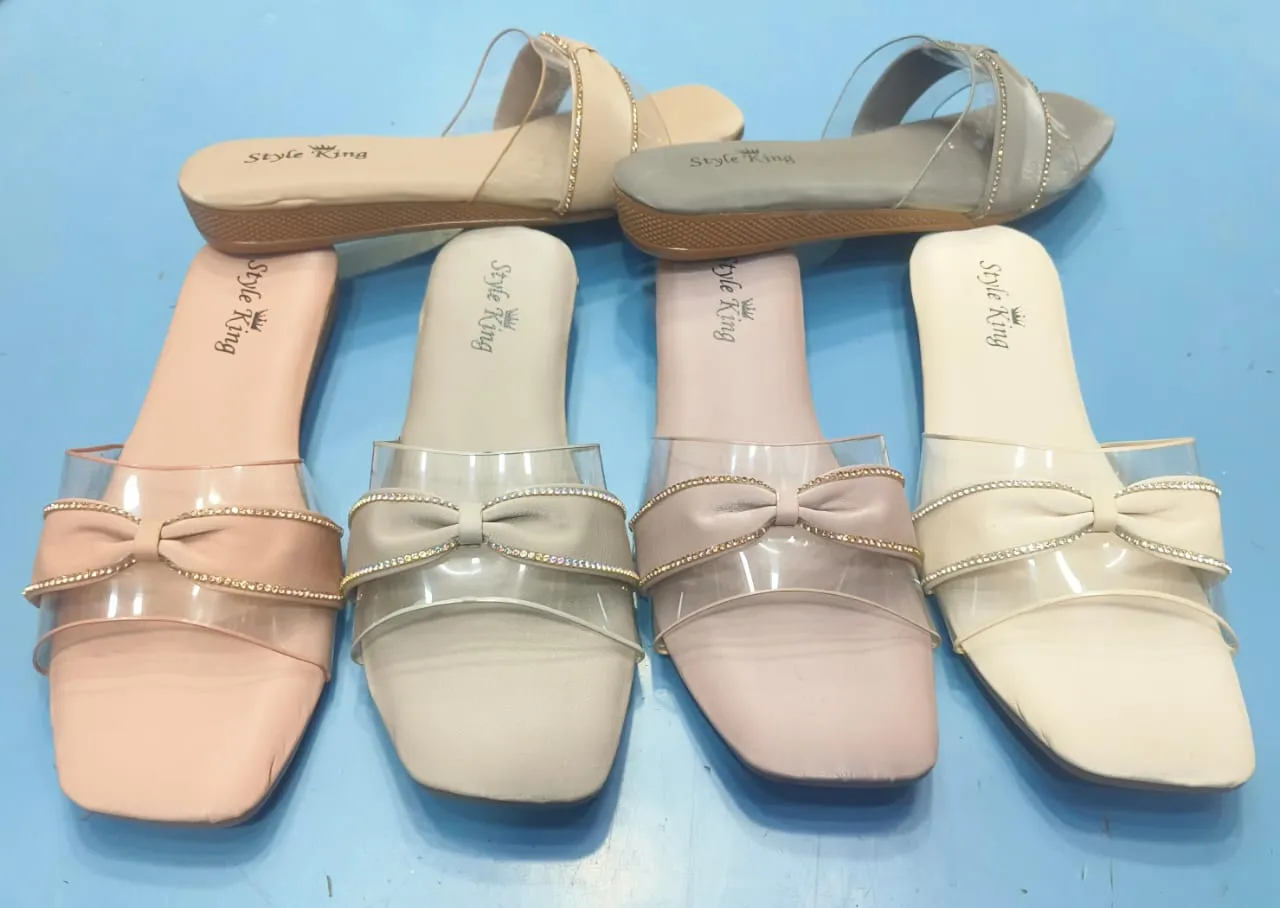 SAHELI FOOTWEAR- 009 Style King Women’s Embellished Bow Clear Strap Flat Slides