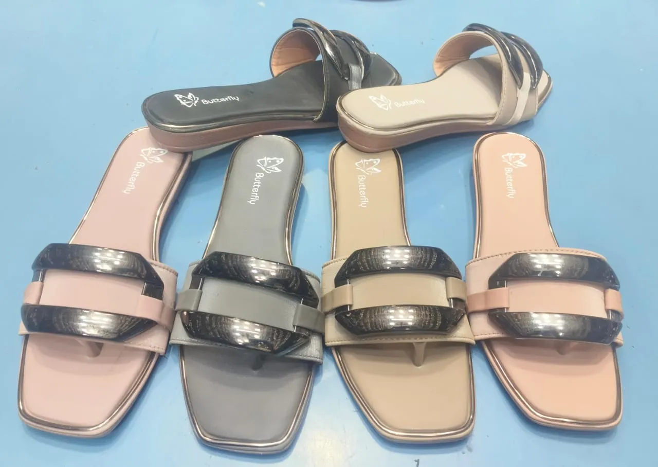 SAHELI FOOTWEAR- 012 Butterfly Signature Metallic-Accent Square Toe Slides